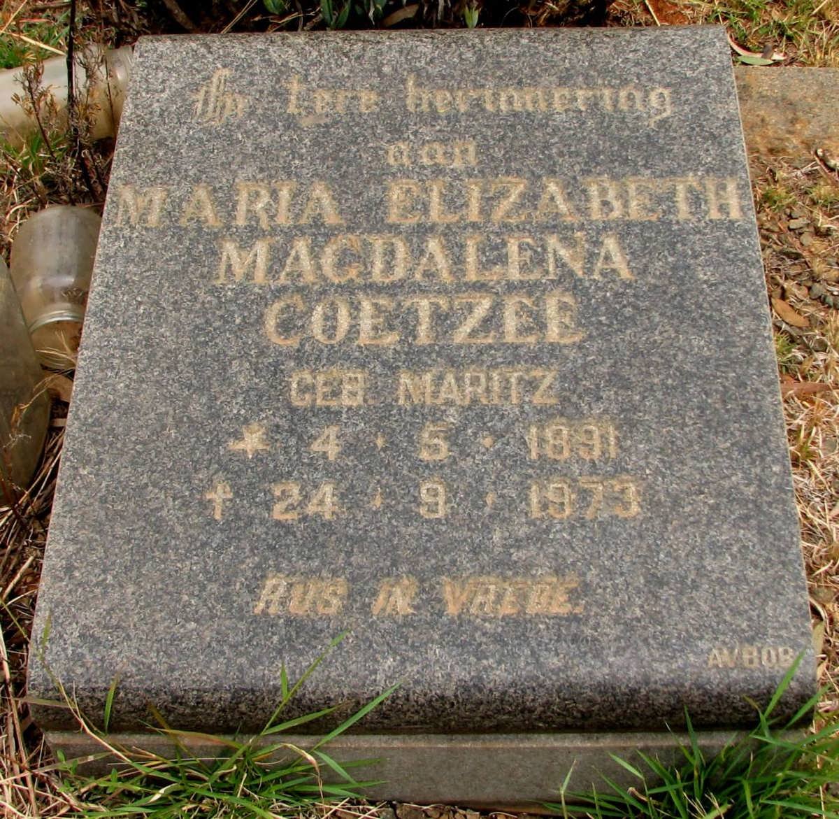 COETZEE Maria Elizabeth Magdalena nee MARITZ 1891-1973