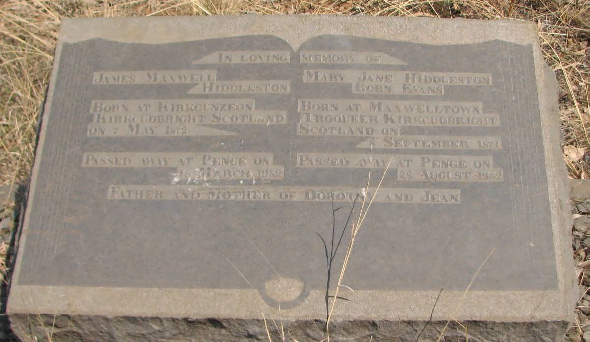 HIDDLESTON James Maxwell 1872-1952 &amp; Mary Jane EVENS 1871-1952