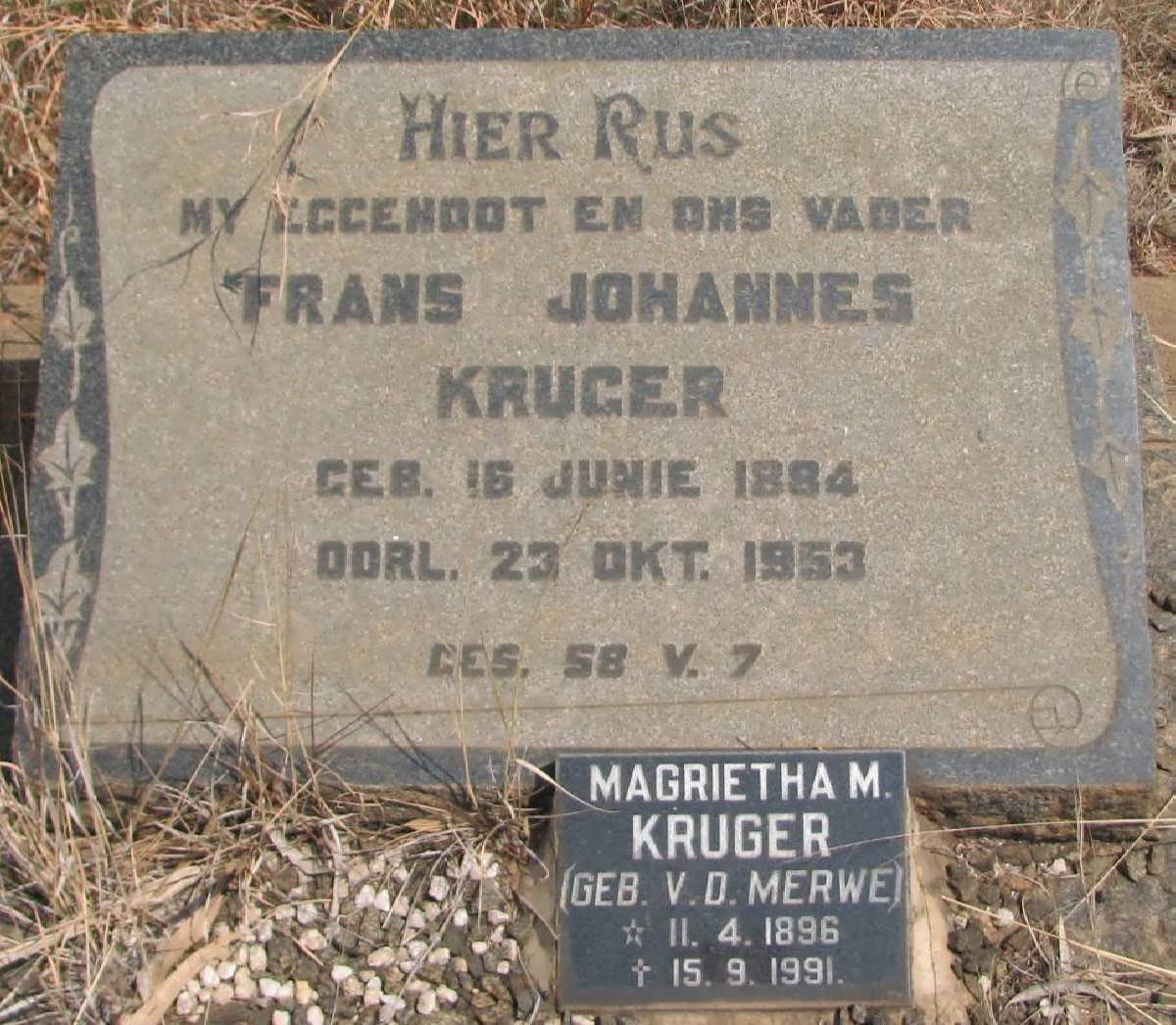 KRUGER Frans Johannes 1884-1953 &amp; Magrietha M. v.d. MERWE 1896-1991