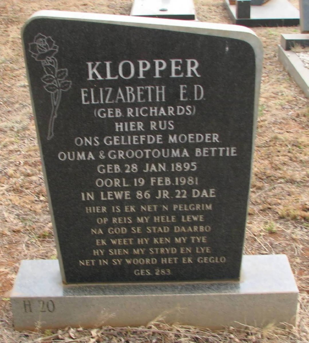 KLOPPER Elizabeth E.D. nee RICHARDS 1895-1981