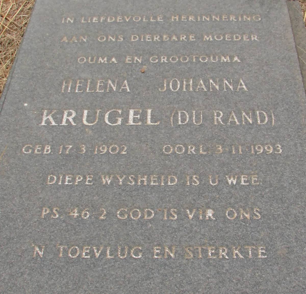 KRUGEL Helena Johanna nee DU RAND 1902-1993