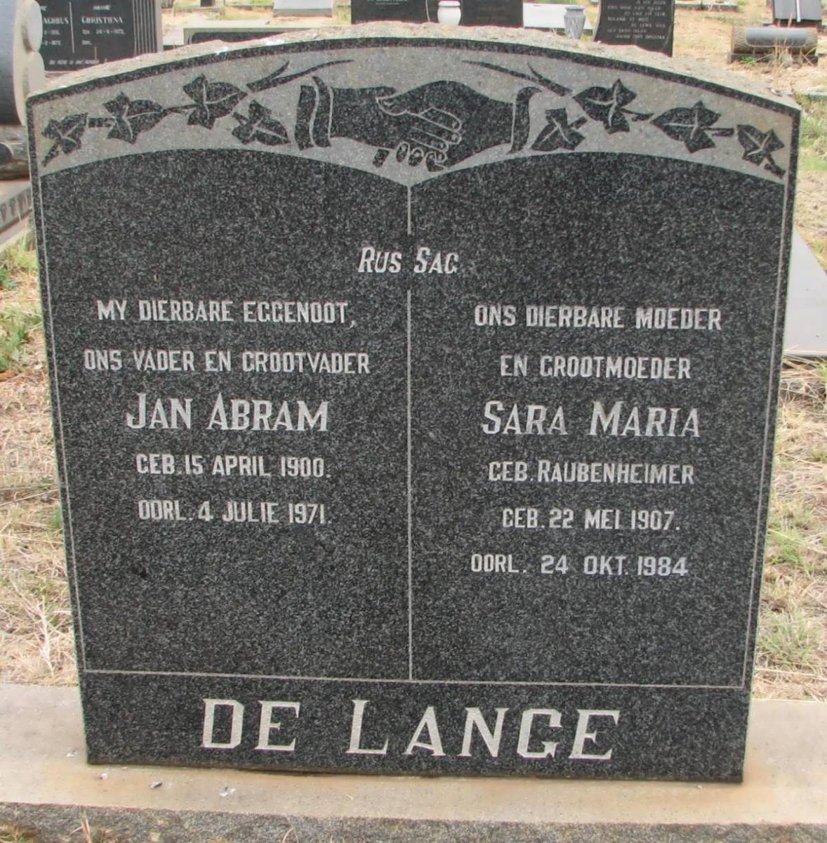 LANGE Jan Abram, de 1900-1971 &amp; Sara Maria RAUBENHEIMER 1907-1984