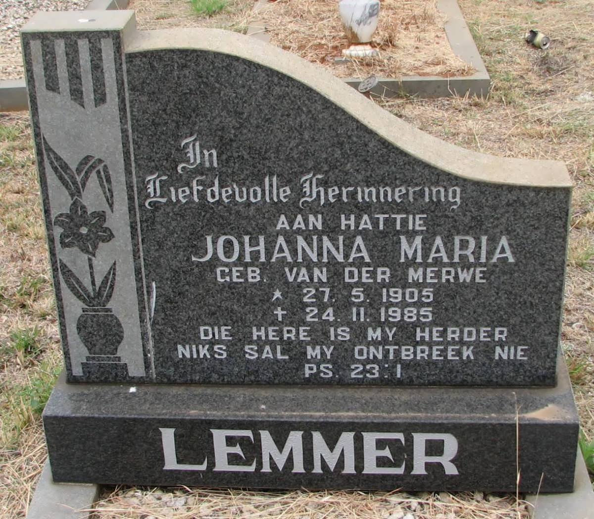 LEMMER Johanna Maria VAN DER MERWE 1905-1985
