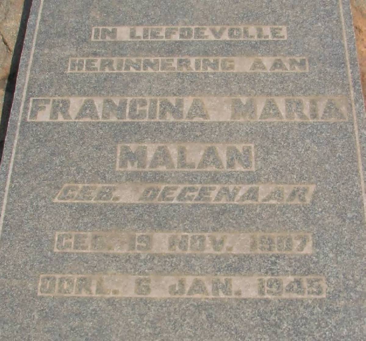 MALAN Francina Maria nee DEGENAAR 1907-1945