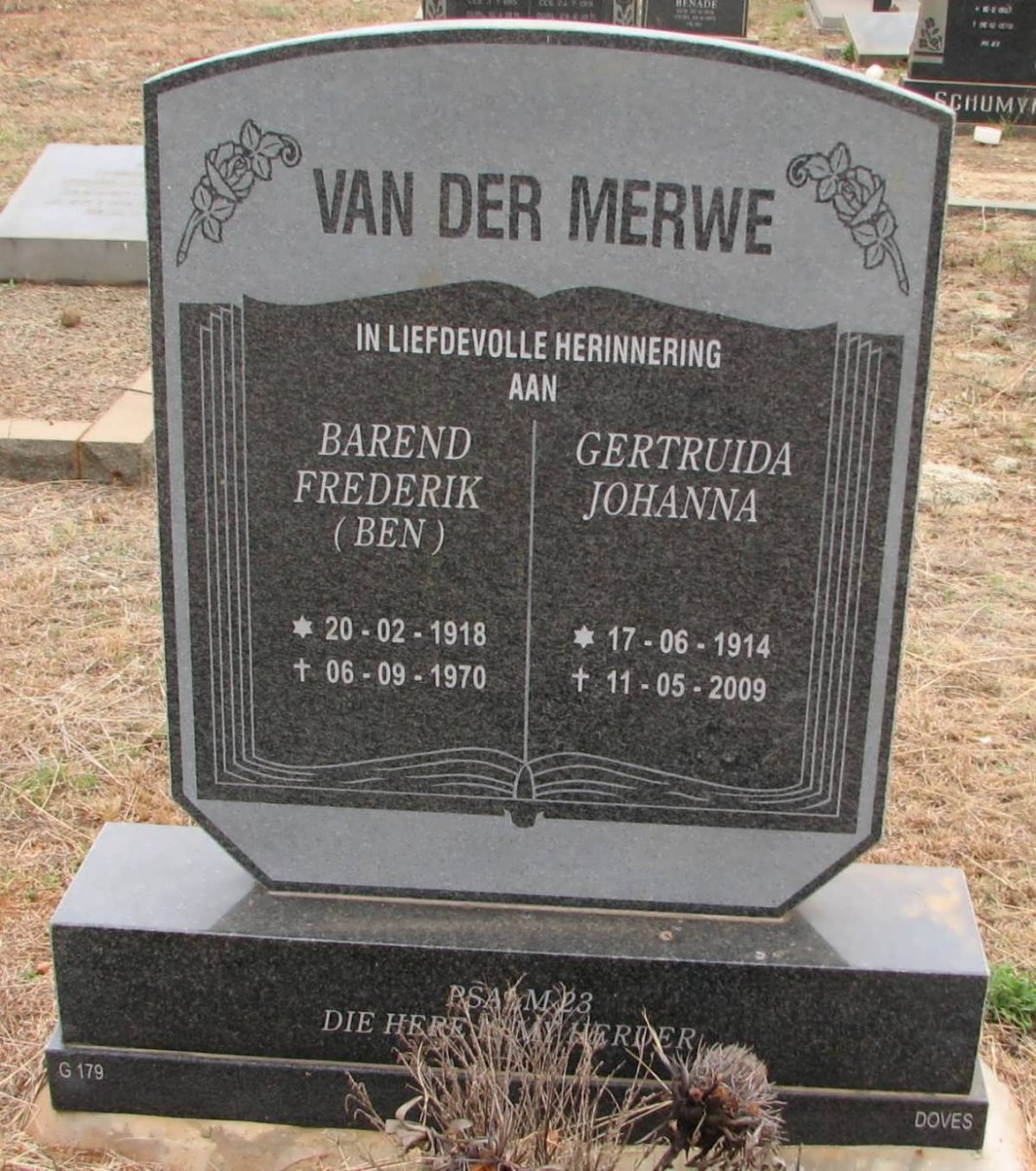 MERWE Barend Frederik, van der 1918-1970 &amp; Getruida Johanna 1914-2009
