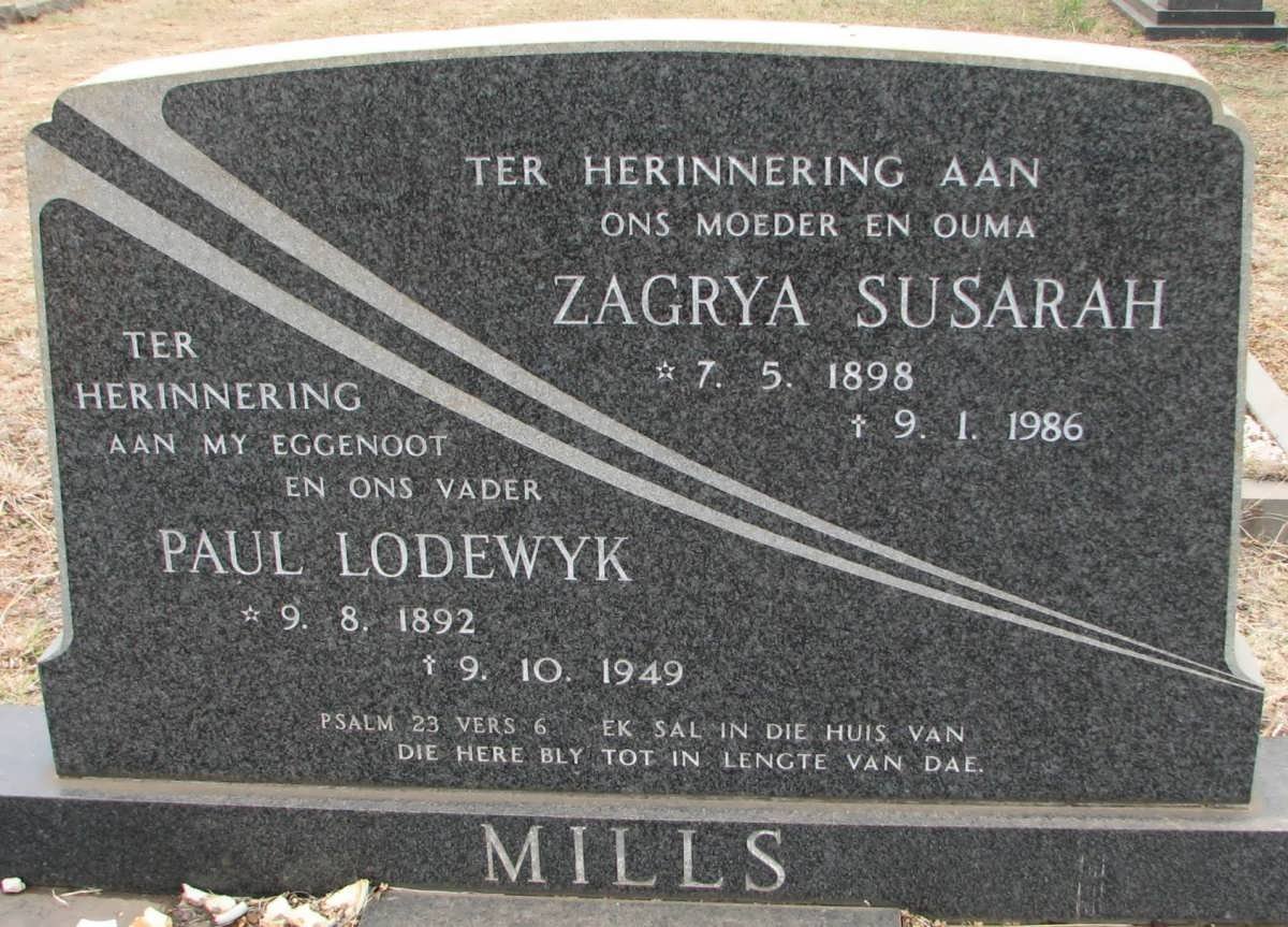 MILLS Paul Lodewyk 1892-1949 &amp; Zagrya Susarah 1898-1986