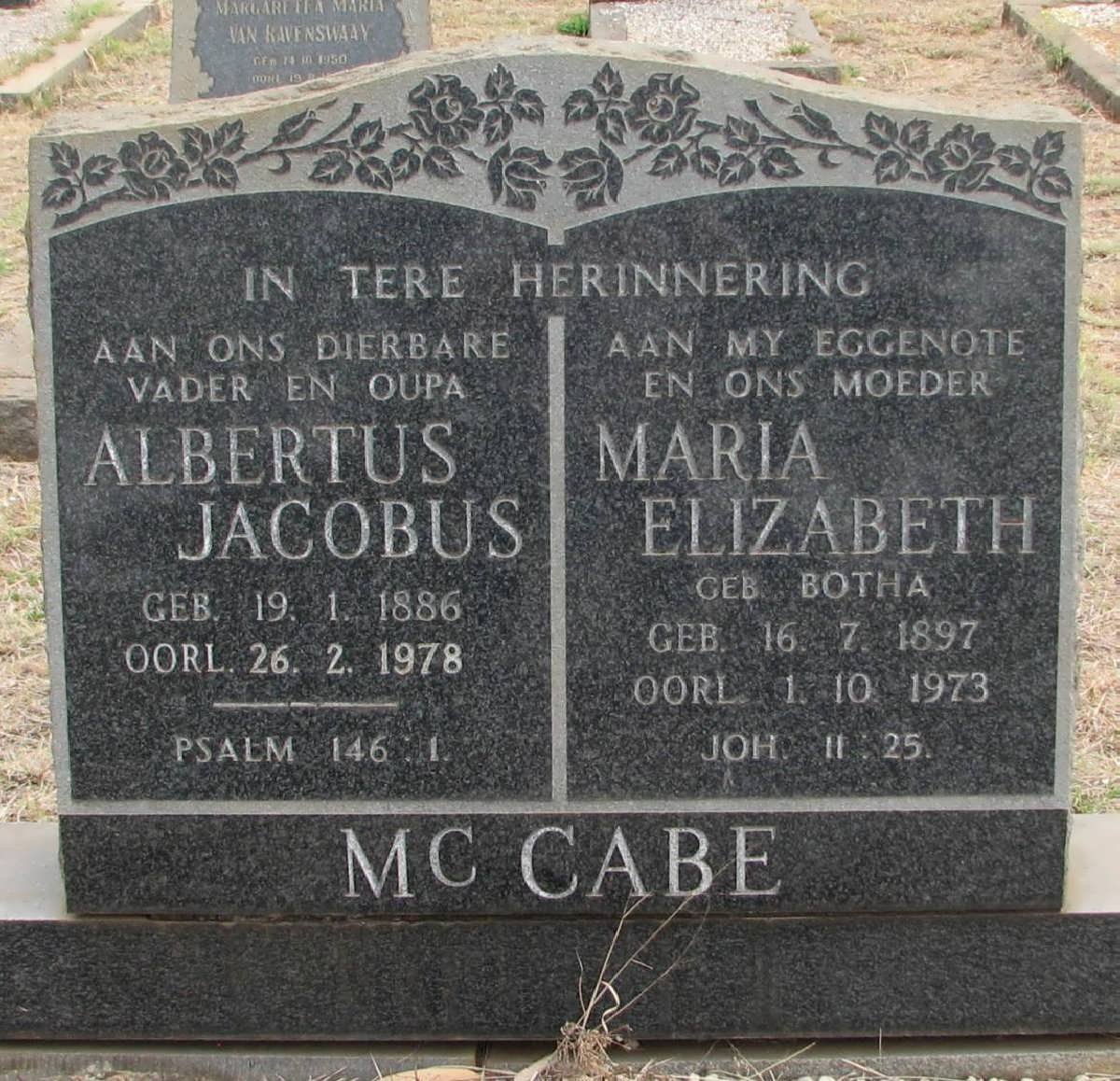 McCABE Albertus Jacobus 1886-1978 &amp; Maria Elizabeth BOTHA 1897-1973