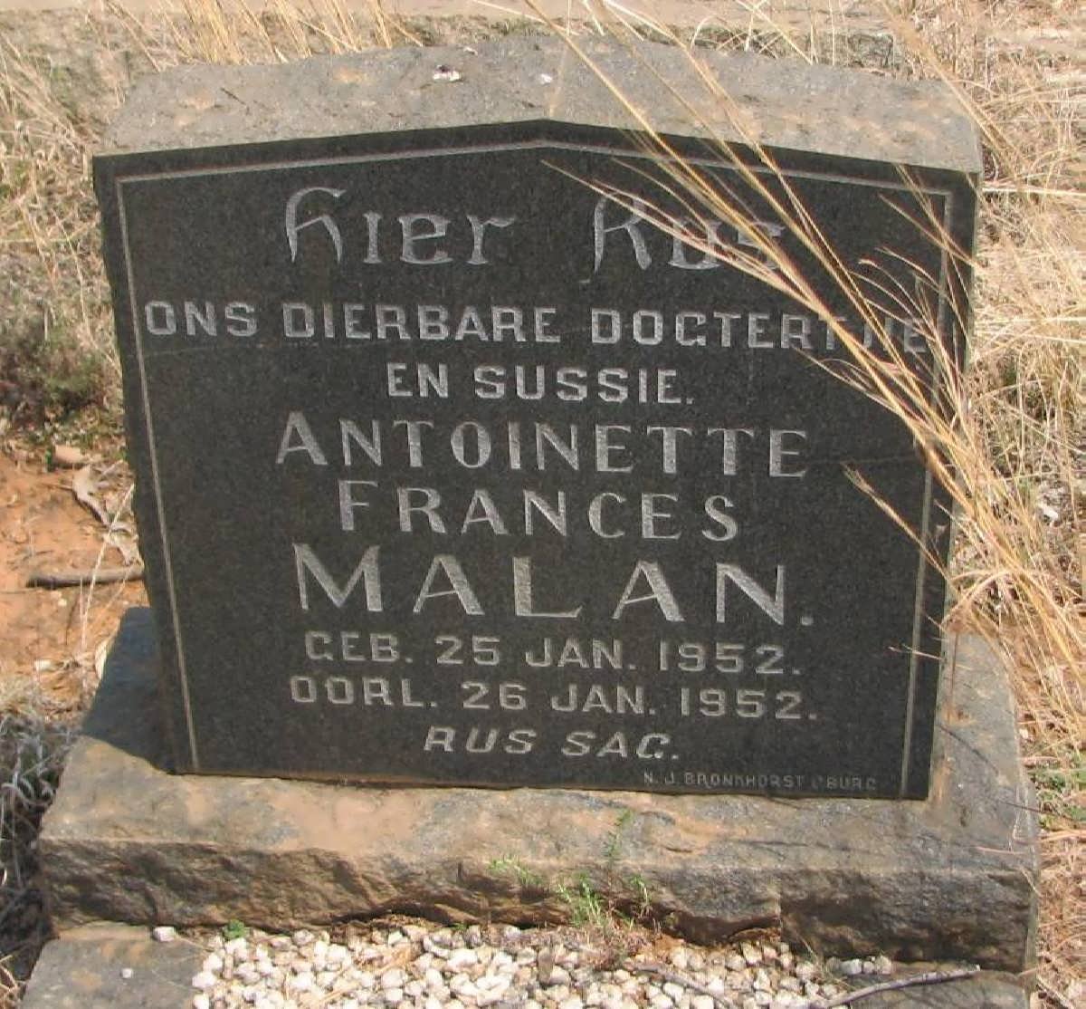 MALAN Antoinette Frances 1952-1952