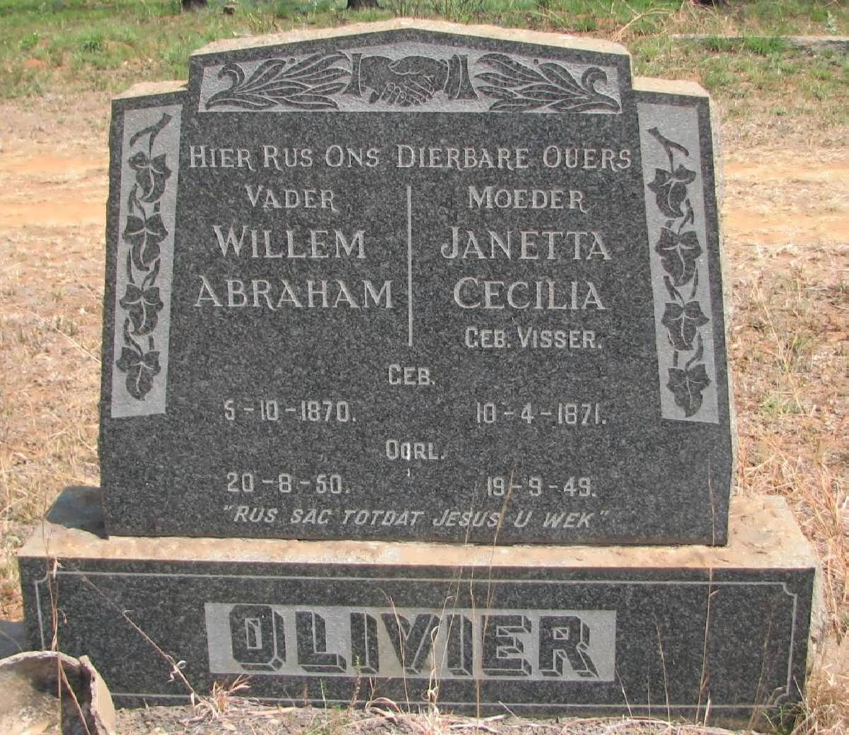 OLIVIER Willem Abraham 1870-1950 &amp; Janetta Cecilia VISSER 1871-1949