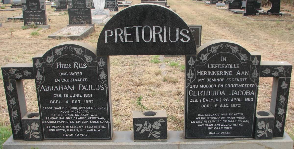 PRETORIUS Abraham Paulus 1891-1982 &amp; Gertruida Jacoba DREYER 1910-1973