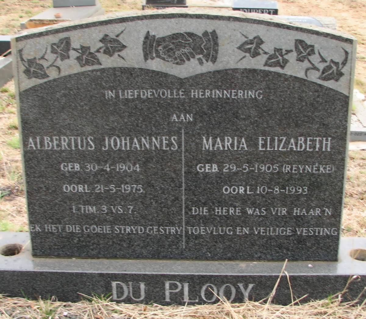 PLOOY Albertus Johannes, du 1904-1975 &amp; Maria Elizabeth REYNEKE 1905-1993