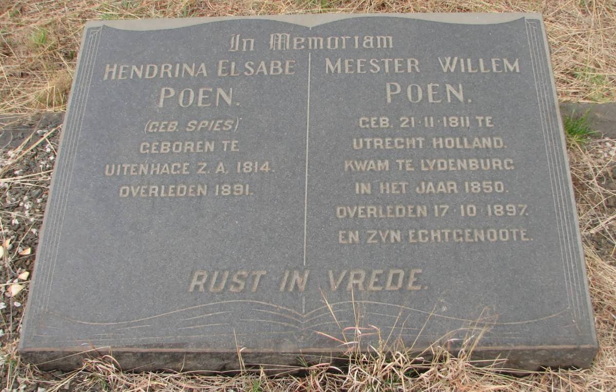 POEN Meester Willem 1811-1897 &amp; Hendrina Elsabe SPIES 1814-1991
