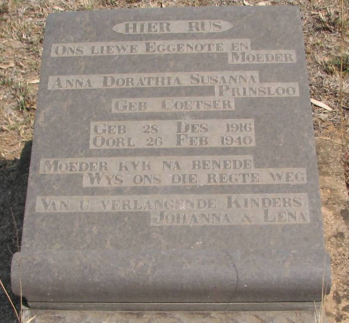 PRINSLOO Anna Dorathia Susanna geb COETSER 1916-1940