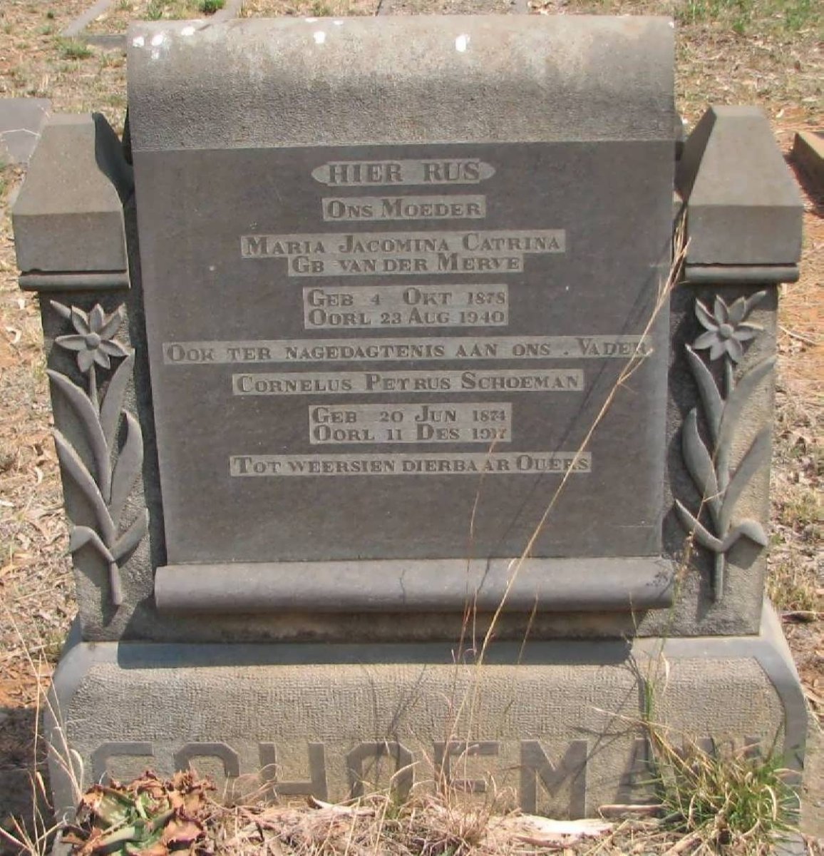 SCHOEMAN Cornelus Petrus 1874-1917 &amp; Maria Jacomina Catrina VAN DER MERWE 1878-1940