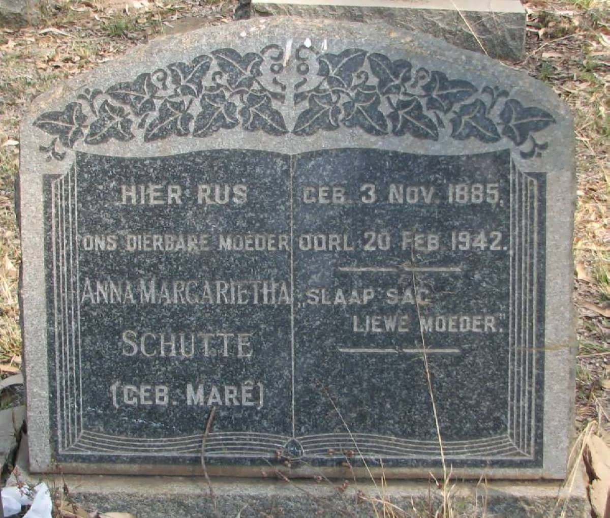 SCHUTTE Anna Margarietha nee MARE 1885-1942