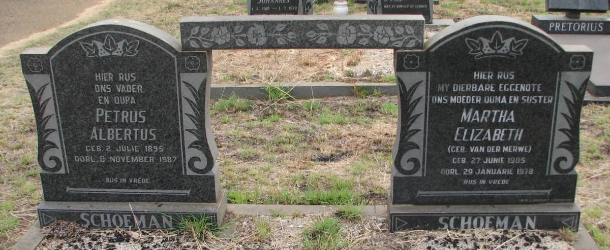 SCHOEMAN Petrus Albertus 1895-1987 &amp; Martha Elizabeth VAN DER MERWE 1905-1978