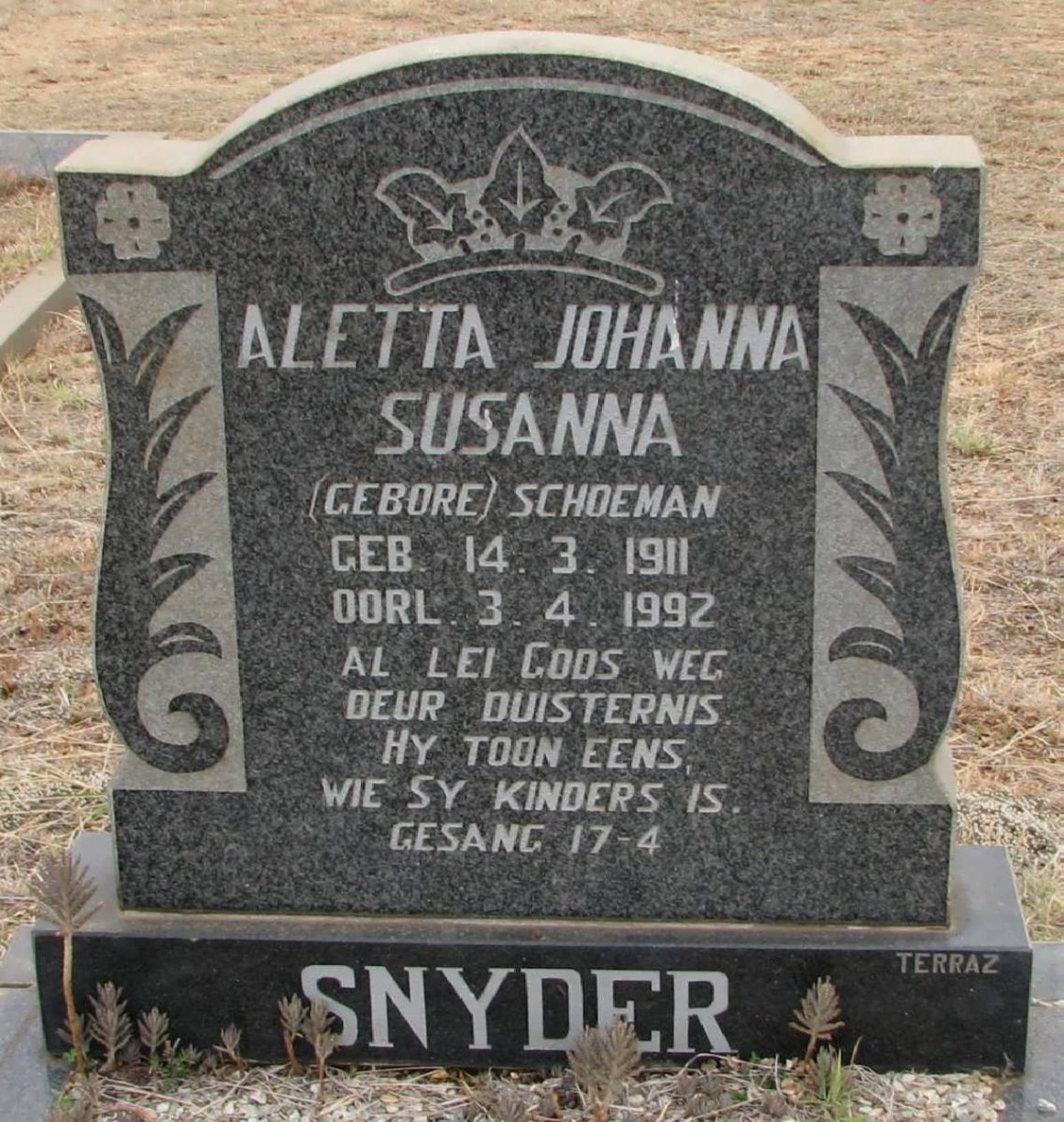 SNYDER Aletta Johanna Susanna nee SCHOEMAN 1911-1992