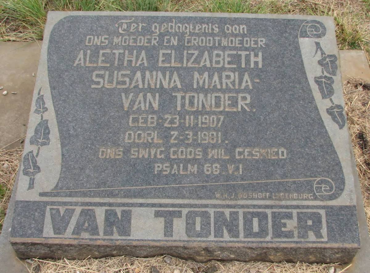 TONDER Aletha Elizabeth Susanna Maria, van 1907-1981