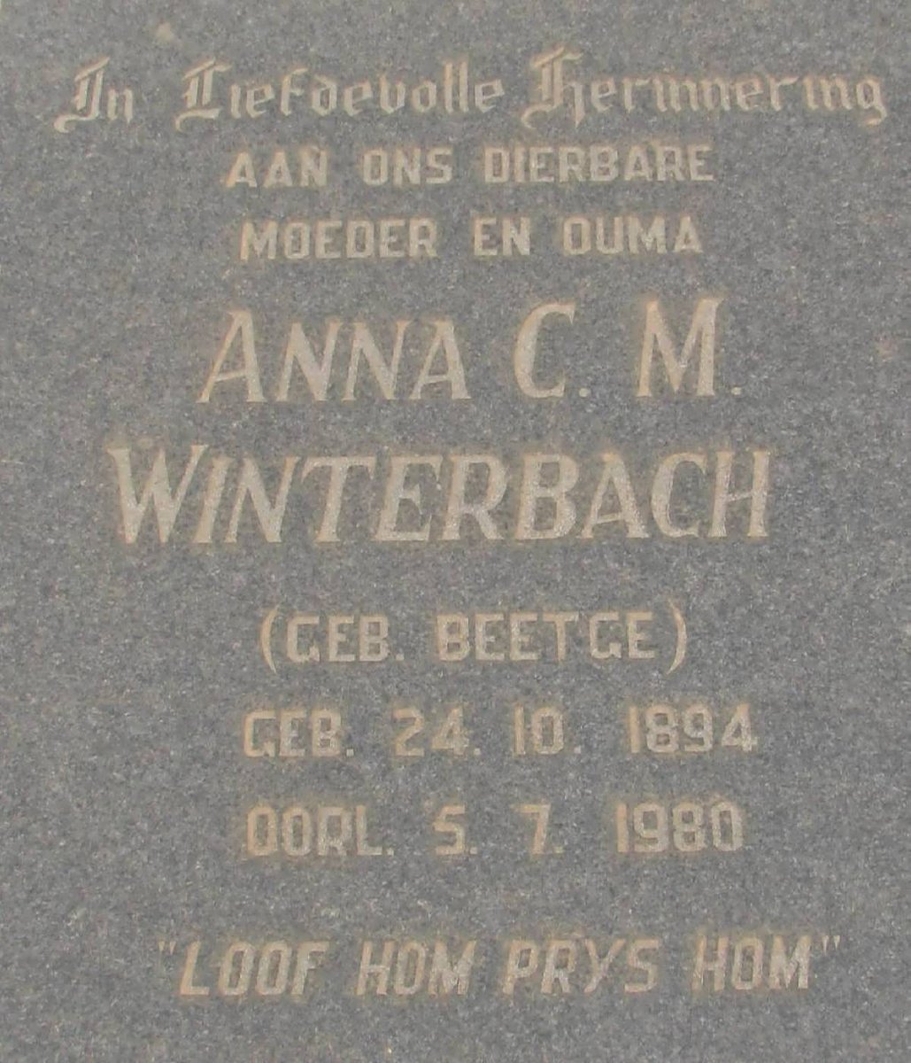 WINTERBACH Anna C.M. nee BEETGE 1894-1980