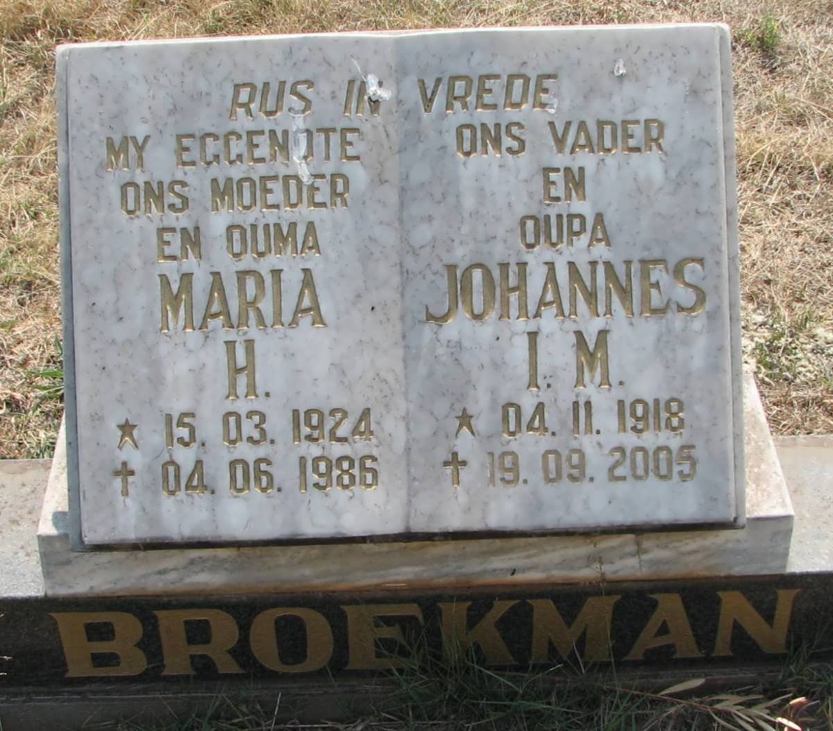 BROEKMAN Johannes I.M. 1918-2005 &amp; Maria H. 1924-1986