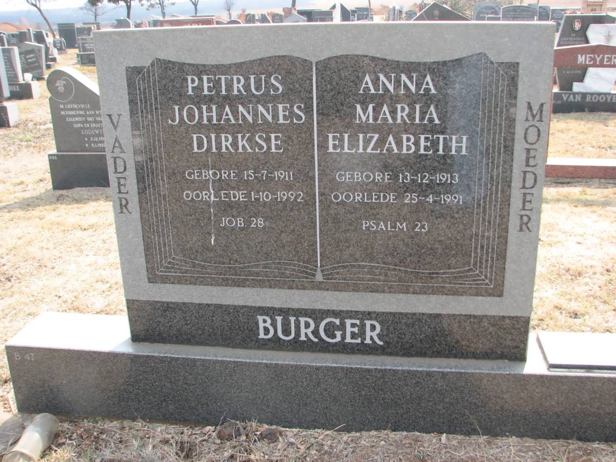 BURGER Petrus Johannes Dirkse 1911-1992 &amp; Anna Maria Elizabeth 1913-1991
