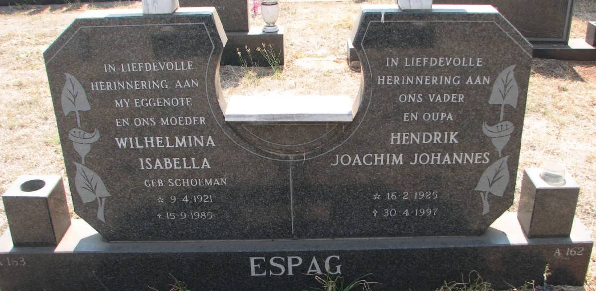 ESPAG Hendrik Joachim Johannes 1925-1997 &amp; Wilhelmina Isabella SCHOEMAN 1921-1985