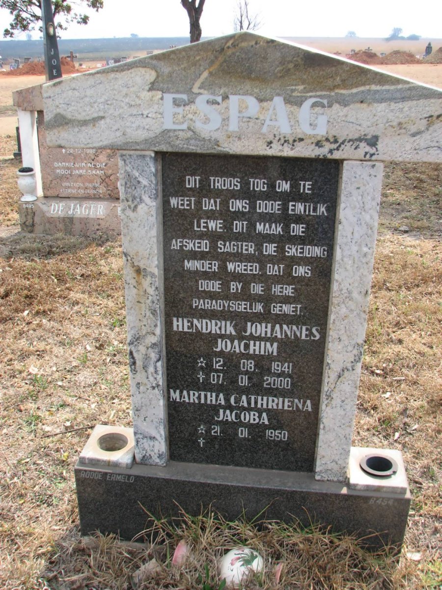 ESPAG Hendrik Johannes Joachim 1941-2000 &amp; Martha Cathriena Jacoba 1950-