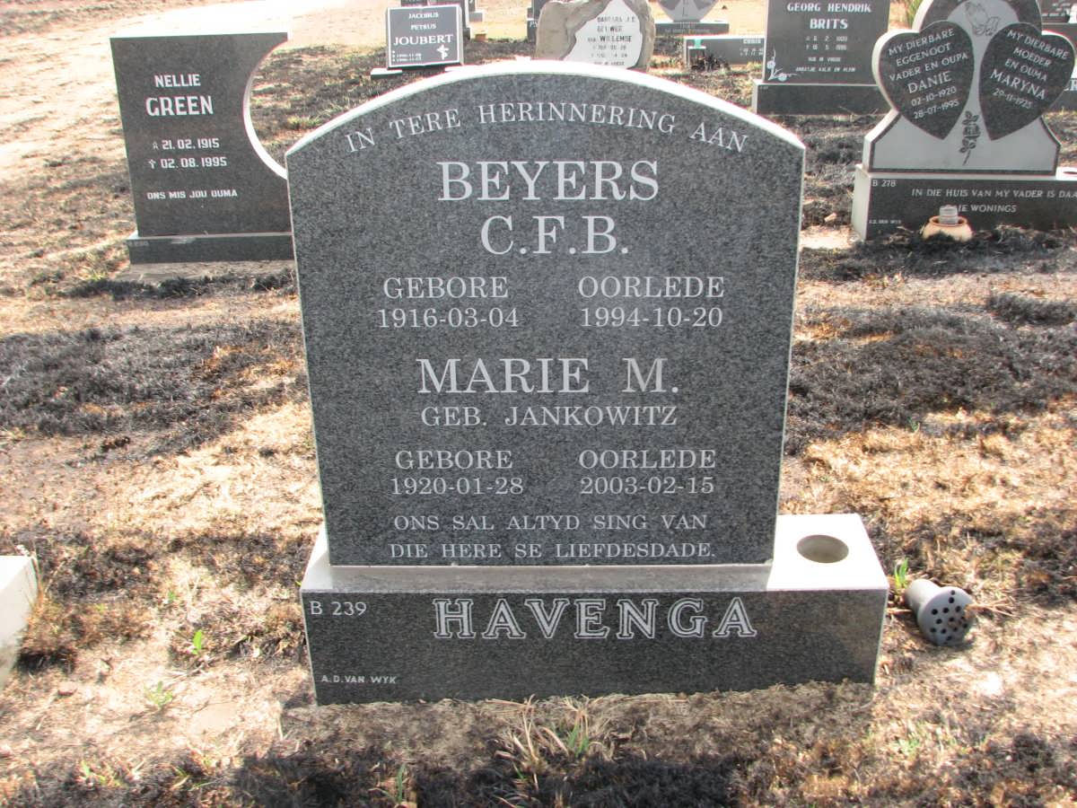 HAVENGA Beyers C.F.B. 1916-1994 &amp; Marie M. JANKOWITZ 1920-2003