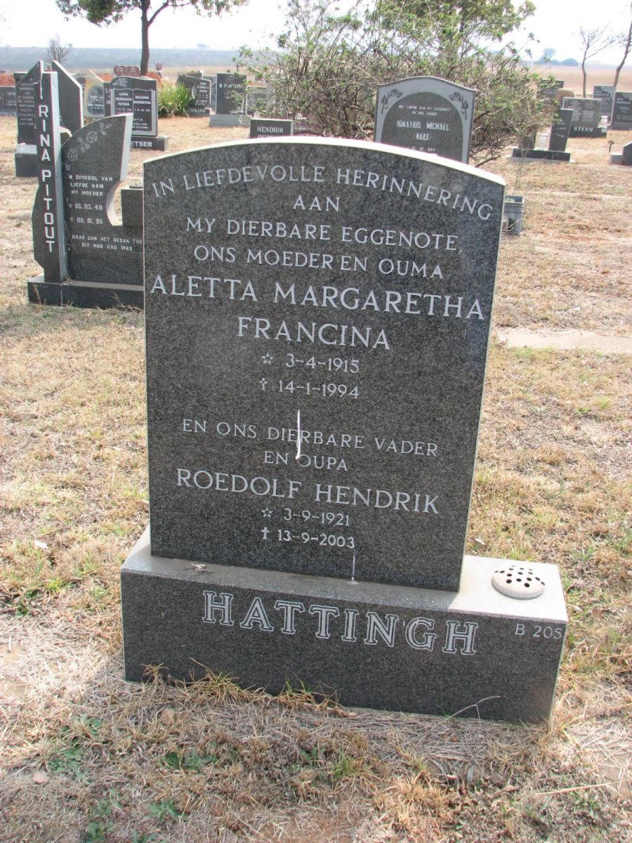 HATTINGH Roedolf Hendrik 1921-2003 &amp; Aletta Margaretha Francina 1915-1994