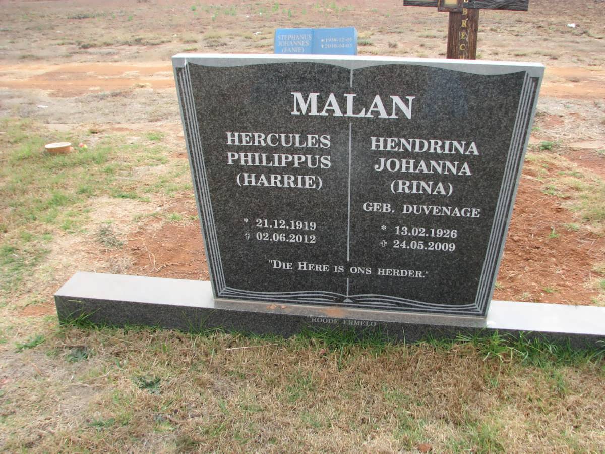MALAN Hercules Philippus 1919-2012 &amp; Hendrina Johanna DUVENHAGE 1926-2009