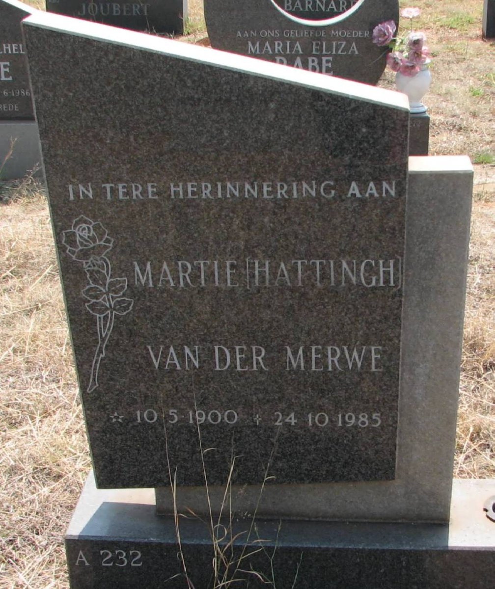 MERWE Martie, van der nee HATTINGH 1900-1985