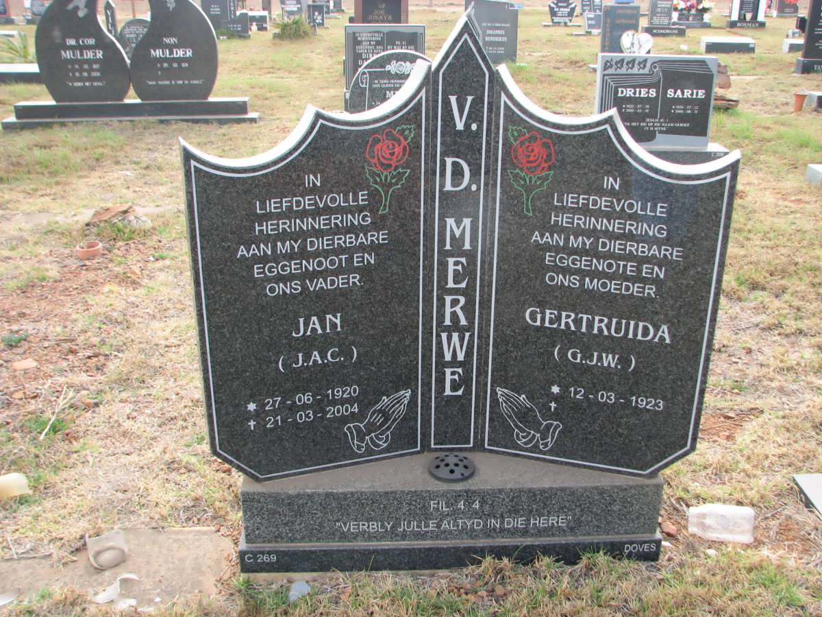 MERWE J.A.C., v.d. 1920-2004 &amp;  G.J.W. 1923-