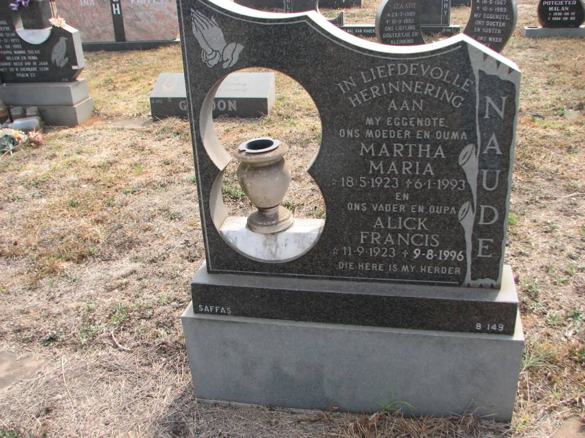 NAUDE Alick Frances 1923-1996 &amp; Martha Maria 1923-1993