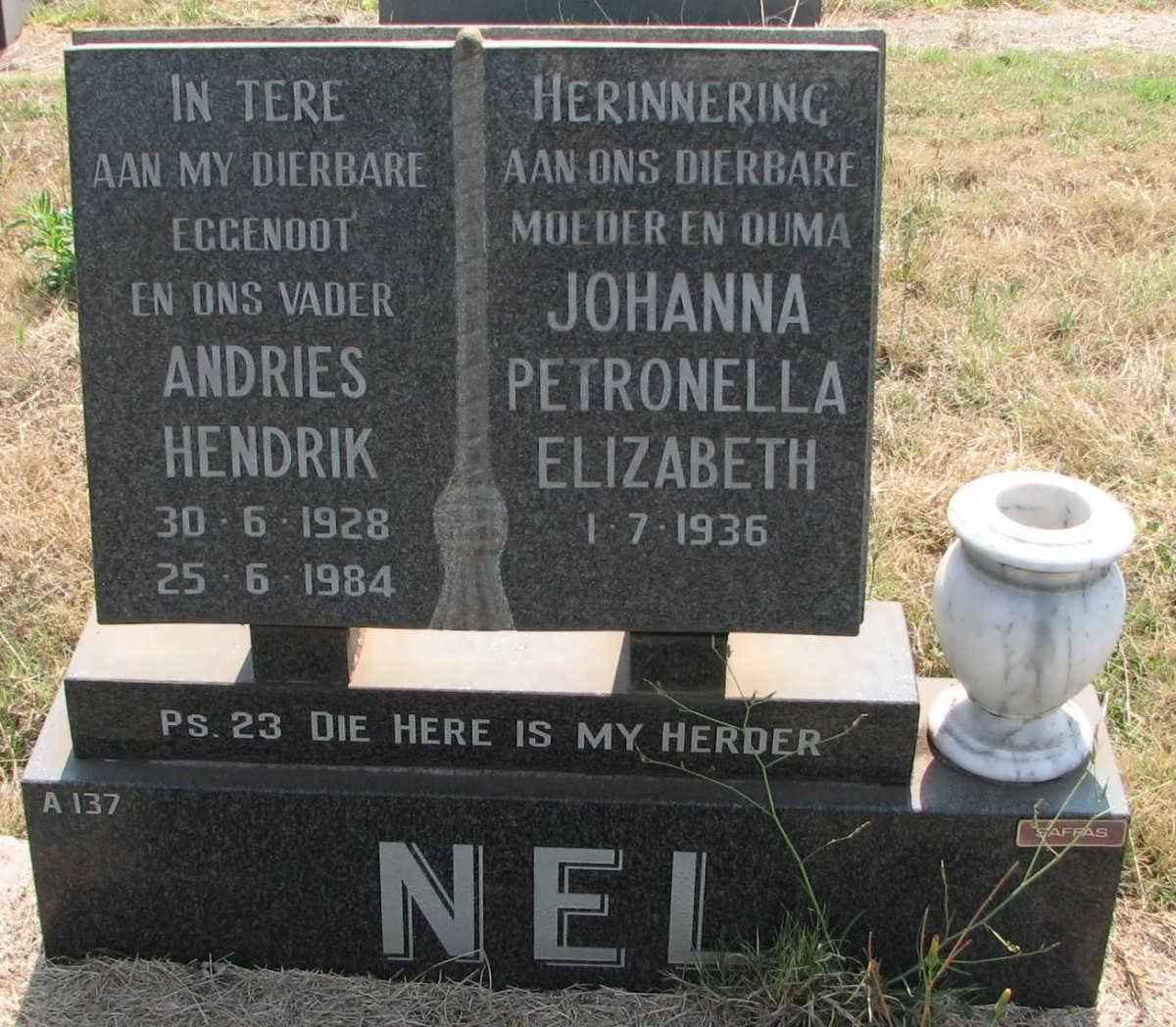 NEL Andries Hendrik 1928-1984 &amp; Johanna Petronella Elizabeth 1936-
