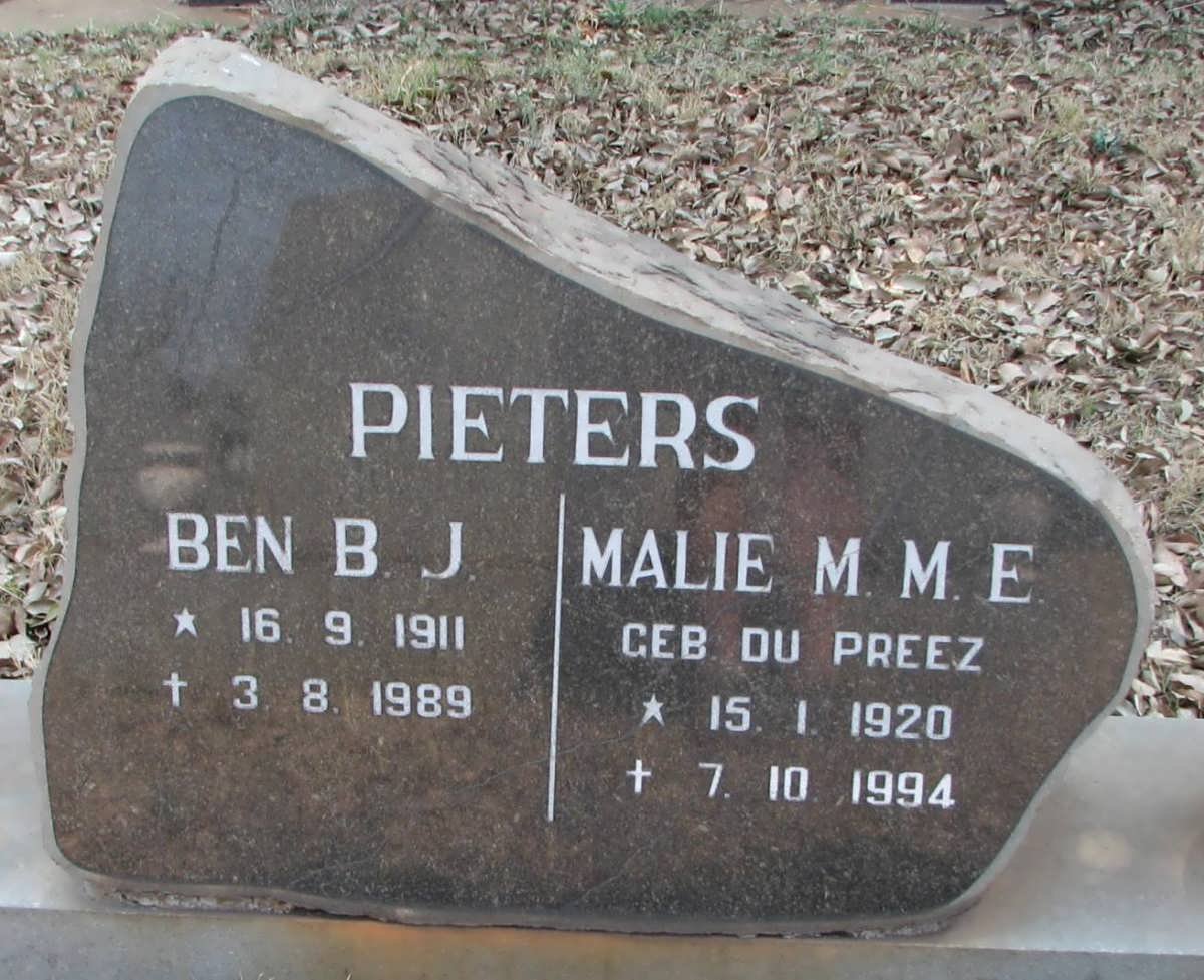 PIETERS B.J. 1911-1989 &amp; M.M.E. DU PREEZ 1920-1994