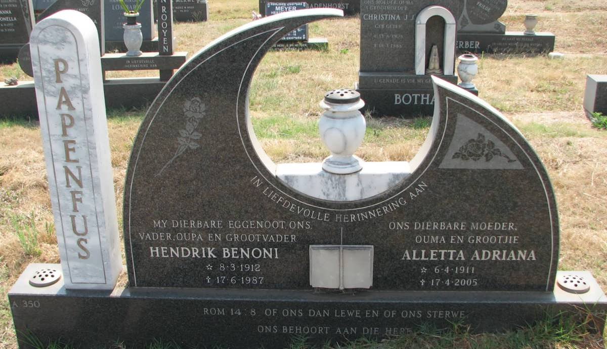 PAPENFUS Hendrik Benoni 1912-1987 &amp; Alletta Adriana 1911-2005