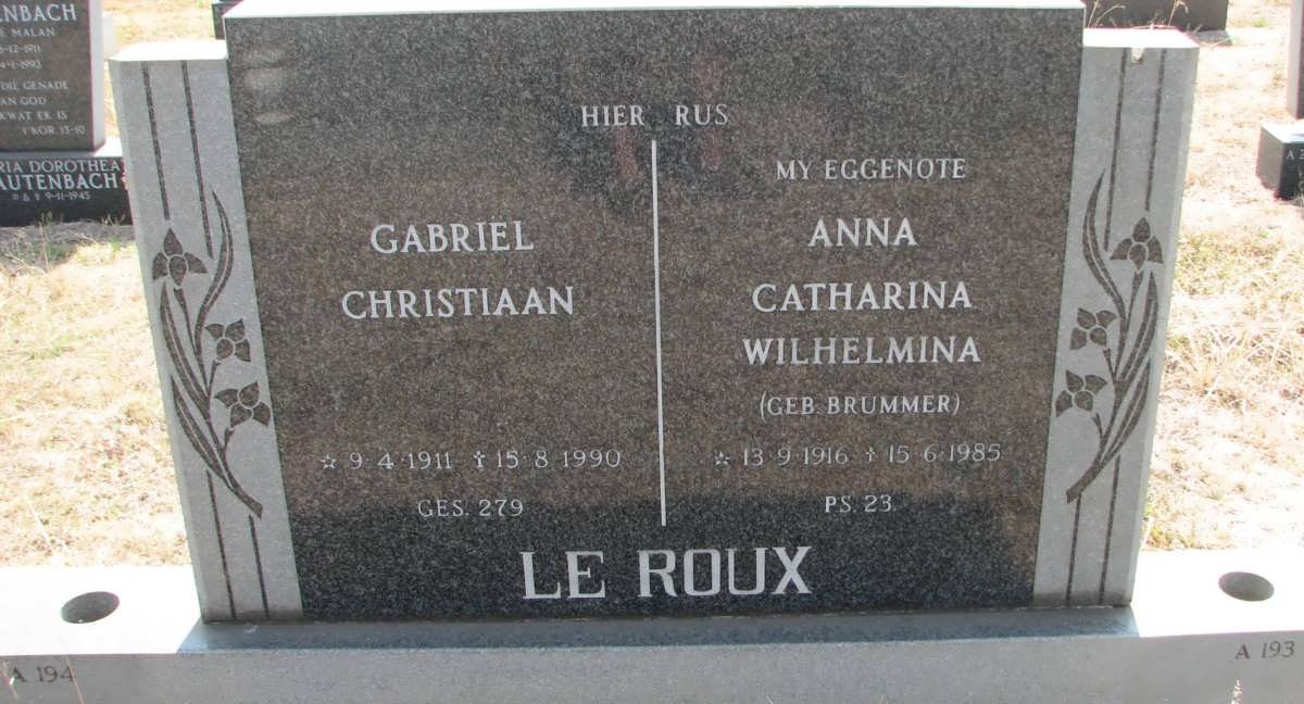 ROUX Gabriël Christiaan, le 1911-1990 &amp; Anna Catharina Wilhelmina BRUMMER 1916-1985