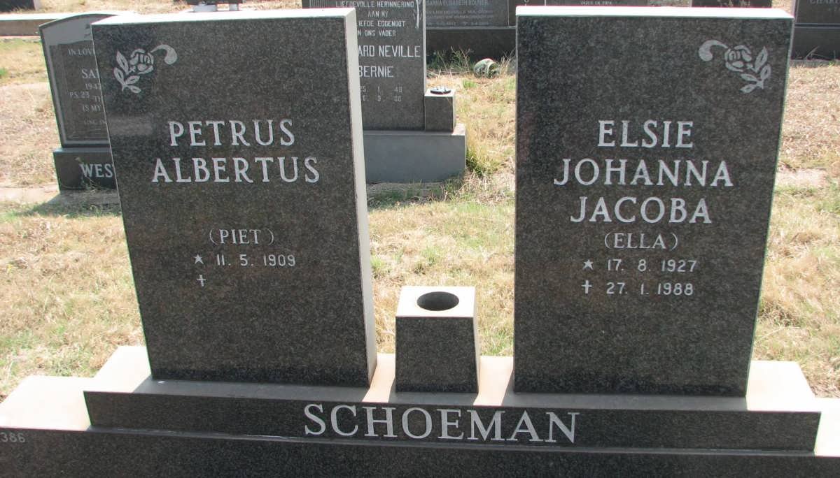 SCHOEMAN Petrus Albertus 1909- &amp; Elsie Johanna Jacoba 1927-1988
