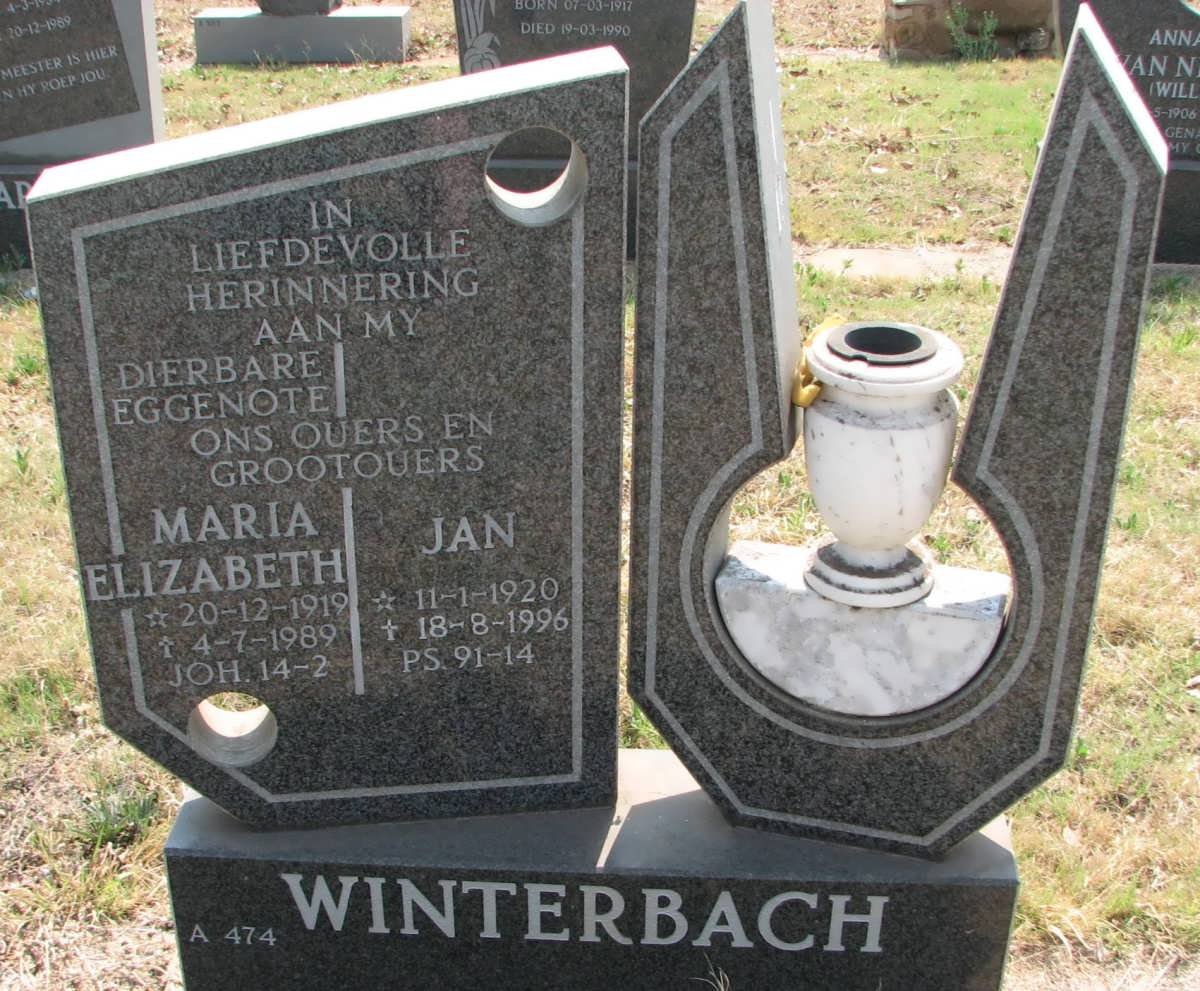 WINTERBACH Jan 1920-1996 &amp; Maria Elizabeth 1919-1989
