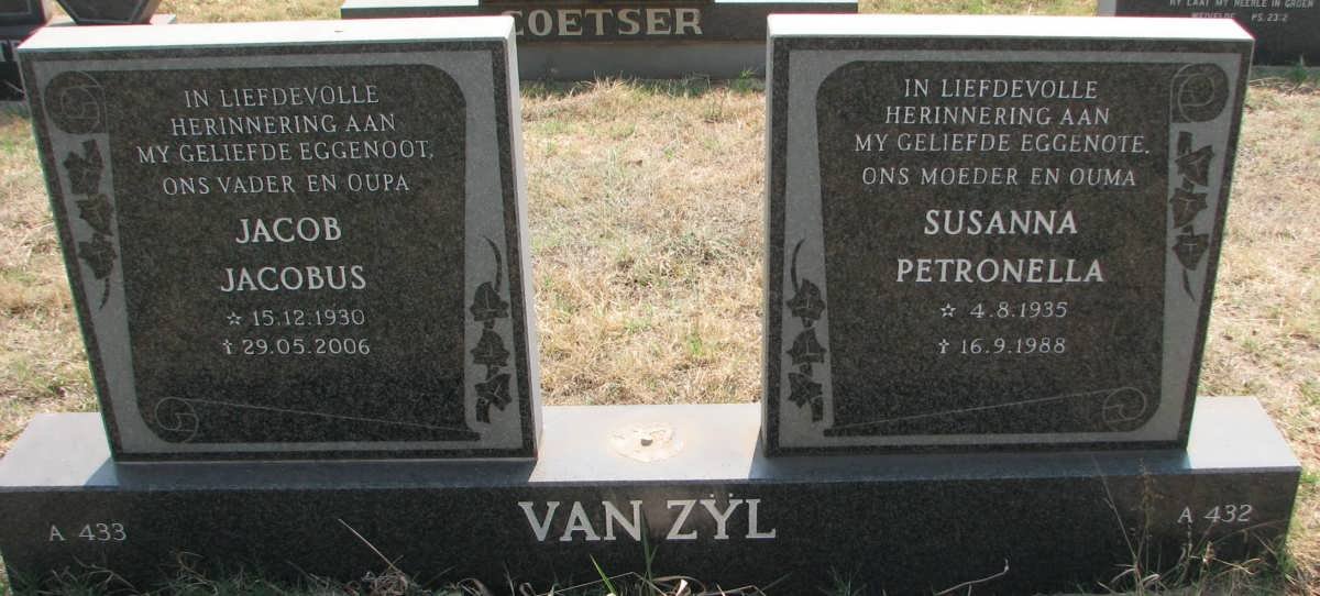 ZYL Jacob Jacobus, van 1930-2006 &amp; Susanna Petronella 1935-1988