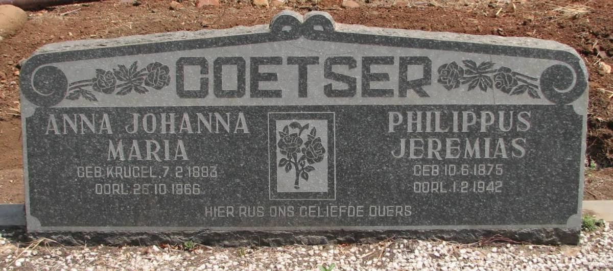 COETSER Philippus Jeremias 1875-1942 &amp; Anna Johanna Maria KRUGEL 1883-1966