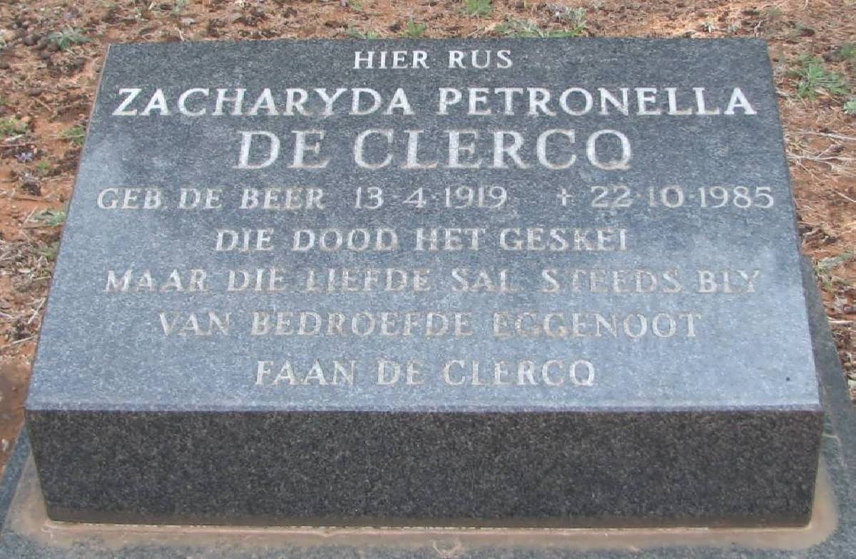 CLERCQ Zacharyda Petronella, de  nee DE BEER 1919-1985