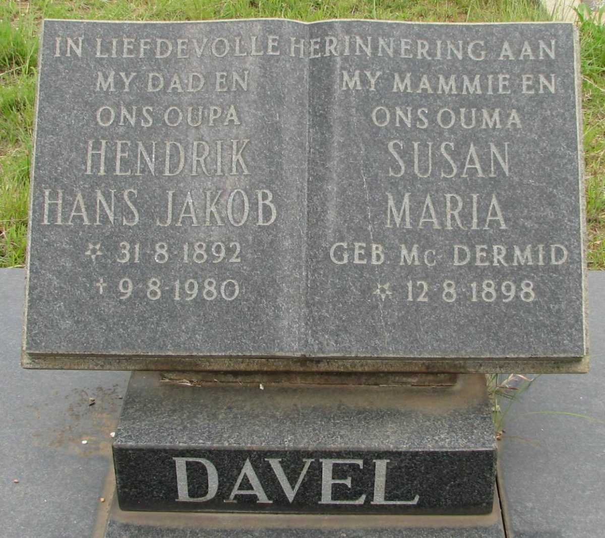 DAVEL Hendrik Hans Jakob 1892-1980 &amp; Susan Maria McDERMID 1898-