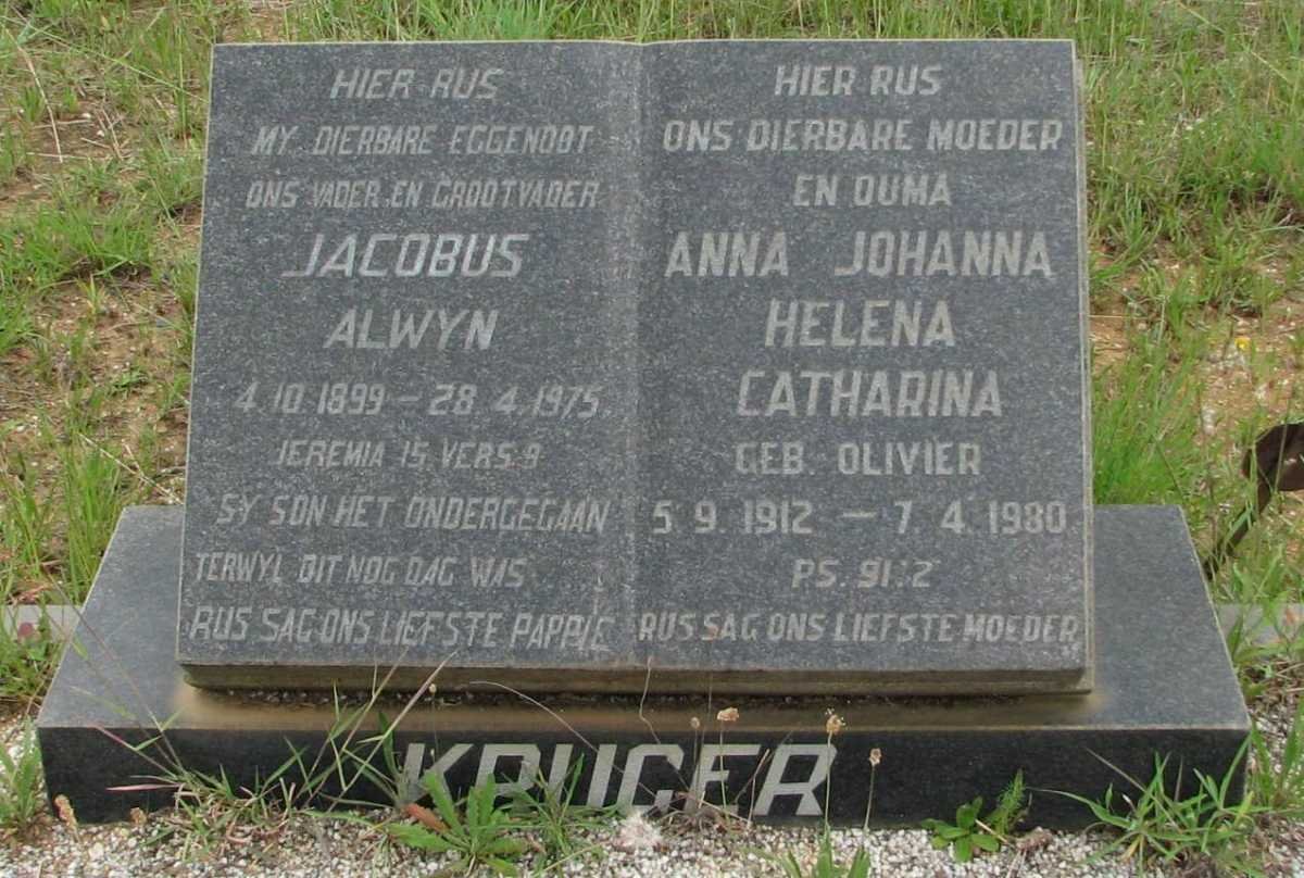 KRUGER Jacobus Alwyn 1899-1975 &amp; Anna Johanna Helena Catharina OLIVIER 1912-1980