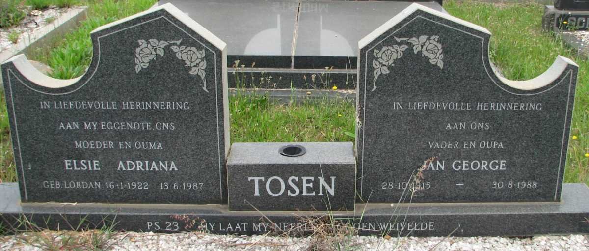 TOSEN Jan George 1915-1988 &amp; Elsie Adriana LORDAN 1922-1987