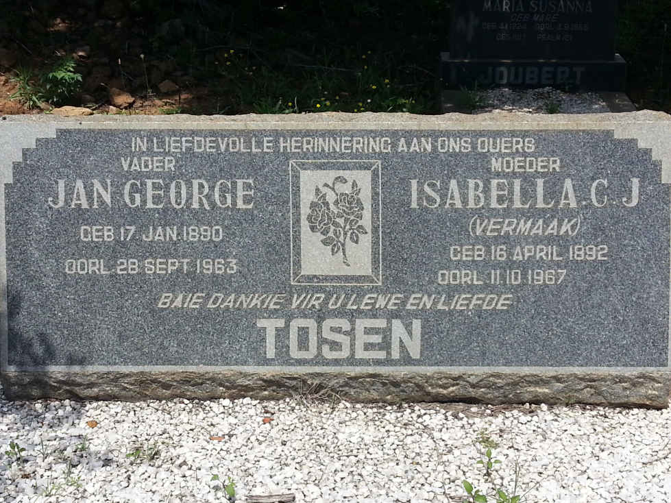 TOSEN Jan George 1890-1963 &amp; Isabella C.J. VERMAAK 1892-1967