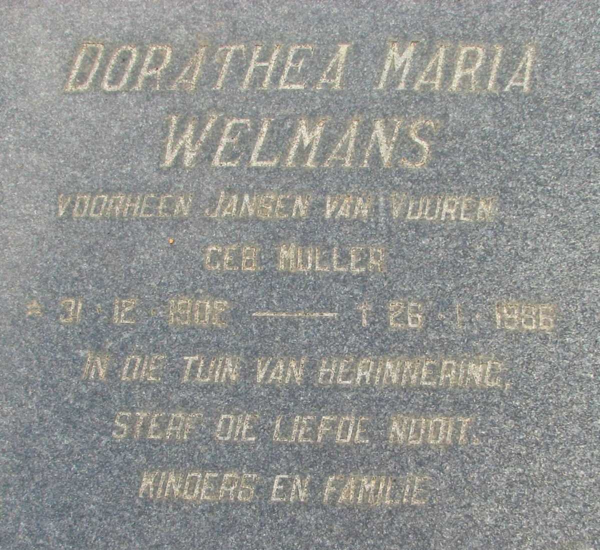 WELMANS Dorathea Maria formerly JANSEN VAN VUUREN nee MULLER 1986