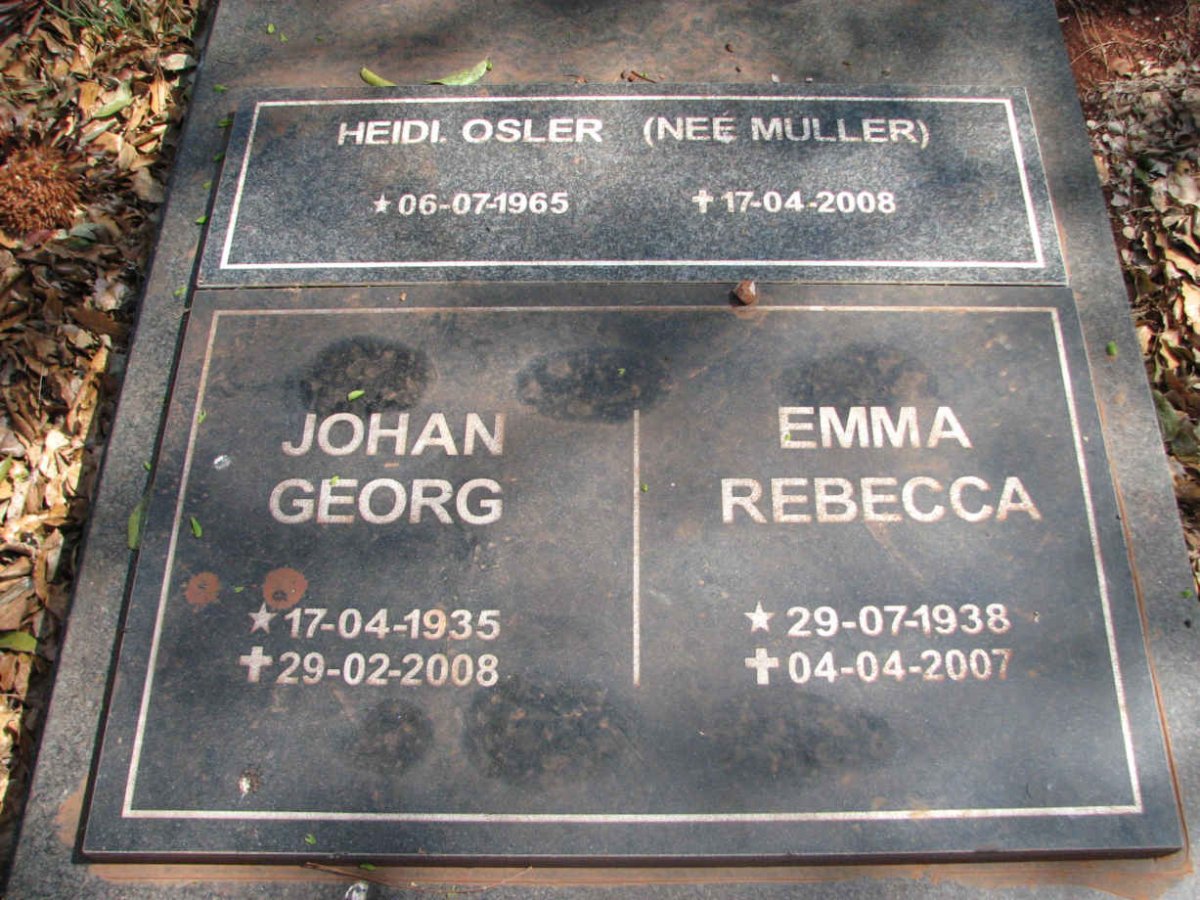 MULLER Johan George 1935-2008 &amp; Emma Rebecca 1938-2007 :: OSLER Heidi nee MULLER  1965-2008
