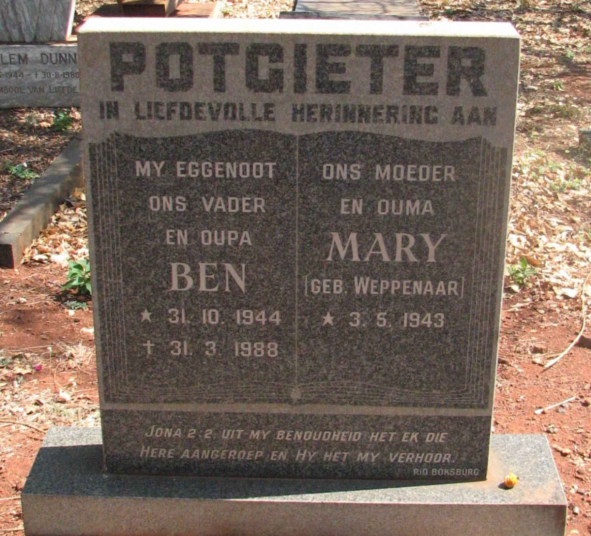 POTGIETER Ben 1944-1988 &amp; Mary WEPPENAAR 1943-