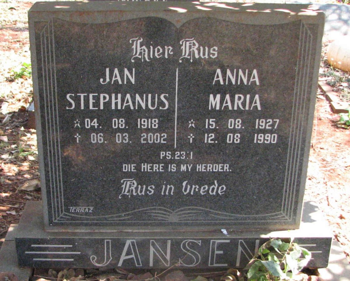 JANSEN Jan Stephanus 1918-2002 &amp; Anna Maria 1927-1990